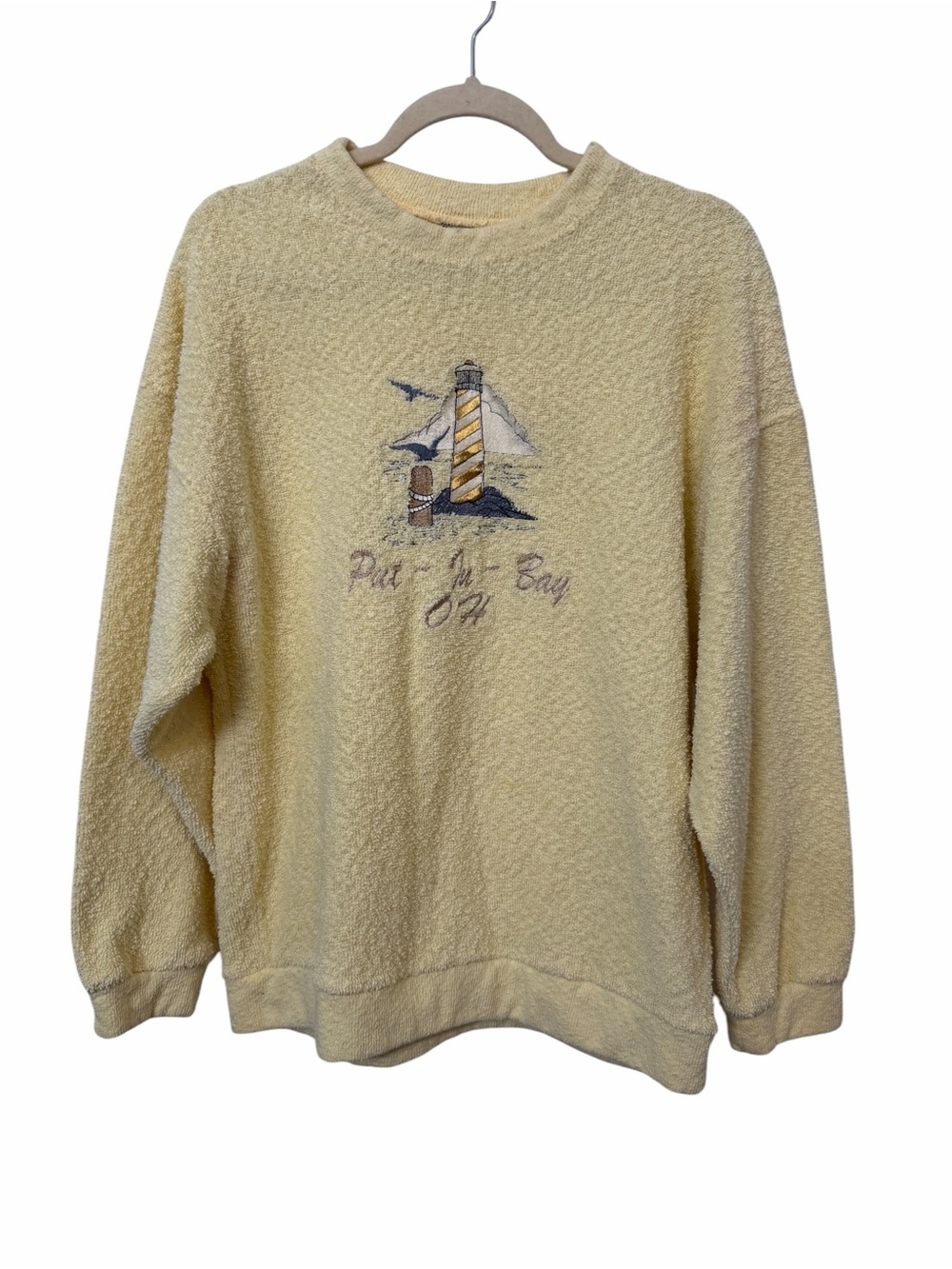 Put In Bay OH Sweater Womens S/M Yellow Terry Lighthouse Pullover Top VTG